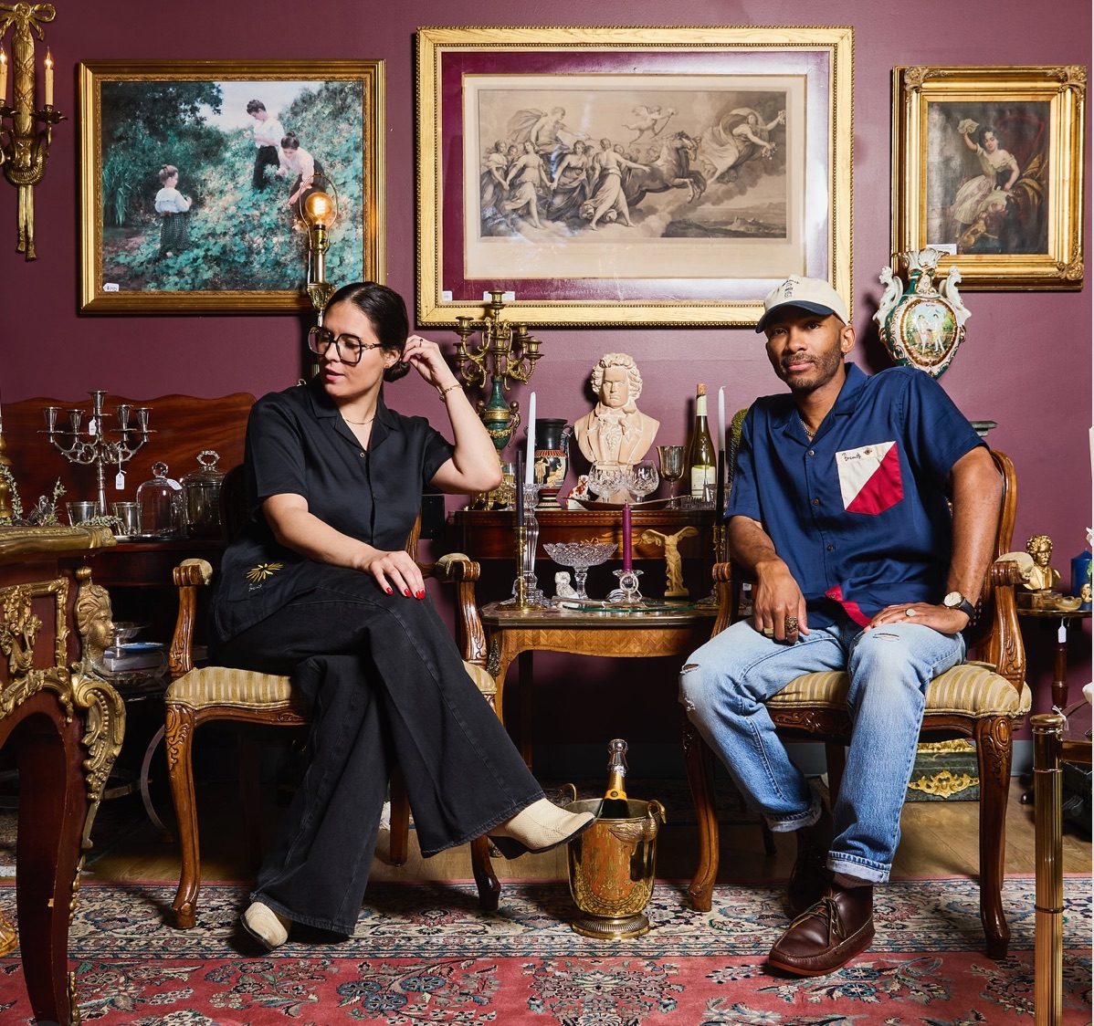 Caitlin DeSantis and Nick Thomas of Mount Royal Studios among a curated selection of European antiques and collectible objects